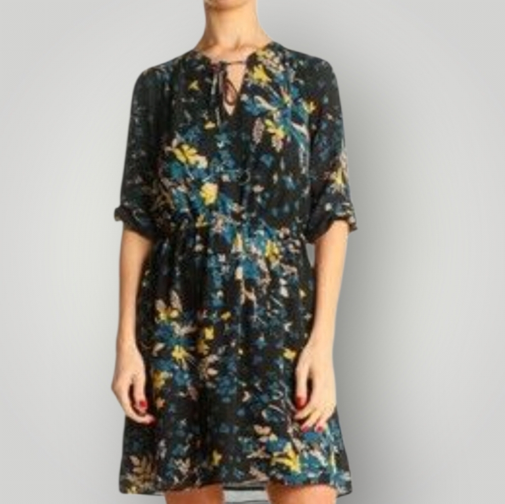 LOFT Floral Long Sleeve‎ Mini Dress Size Small Black Teal Yellow Bota